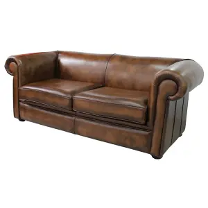 Chesterfield 1930's 3 Seater Antique Tan Leather Sofa Settee In Classic Style