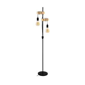 EGLO Townshend 5 Black Metal & Natural Wood 2-Light Floor Lamp - Industrial Style (D) 25cm