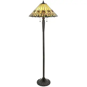 1.6m Tiffany Twin Floor Lamp Dark Bronze & Amber Stained Glass Shade i00017