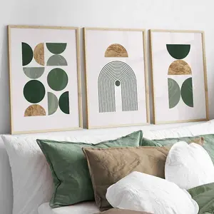 Modern Mid Century Green and Gold Set of 3 Wall Art Prints / 42x59cm (A2) / Black Frame