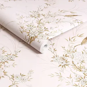 Shabby Chic by Rachel Ashwell Bird Chinoiserie Pink Gold Floral Wallpaper