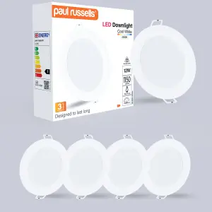 paul russells LED Round Panel Ceiling Lights, 12W 1150 Lumens, Spotlights, IP20, 4000K Cool White, Pack of 4