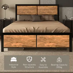 HOMCOM Double Size Bed Frame Steel Bed Base with Headboard 147 x 197cm Brown