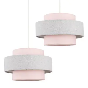 ValueLights Weaver Pair of Modern Ceiling Pendant Light Shades In Pink and Grey Herringbone Finish