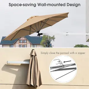 Costway Wall-Mounted Umbrella Water-proof Cantilever Parasols Tilting Sunshade Umbrella w/ Adjustable Pole