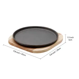 24cm Dia Black Frying Pans Round Cast Iron Grill Pan with 25cm Dia Wooden Tray