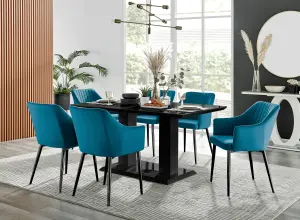 Imperia Black High Gloss 6 Seater Dining Table with Structural 2 Plinth Column Legs 6 Blue Velvet Black Leg Calla Art Deco Chairs