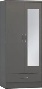 Nevada Mirrored 2 Door 1 Drawer Wardrobe in 3D Effect Grey Finish