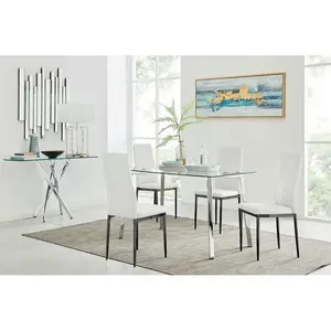 Eubanks Cosmic Luxury Glass and Chrome Dining Table Set with 4 Quilted Faux Leather Dining Chairs White/Black