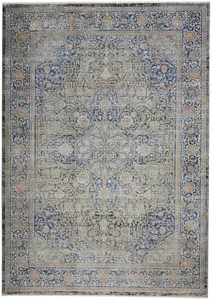 Blue Luxurious Traditional Easy to Clean Bordered Floral Dining Room Bedroom and Living Room Rug -160cm X 221cm