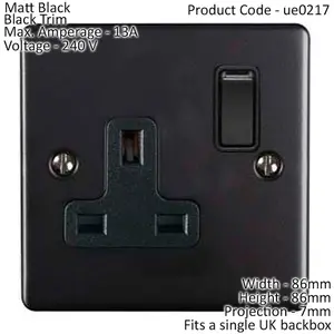 1 Gang Single UK Plug Socket MATT BLACK 13A Switched Mains Wall Power Outlet