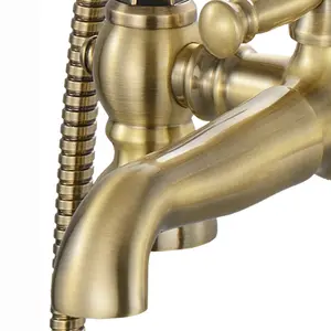 ENKI, Camberley, BT3208, Antique Brass, Bath Shower Mixer Taps, Traditional Victorian Cross Handle, Solid Brass, Easy Clean, Trad