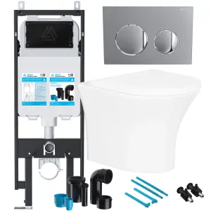 Rimless Wall Hung Toilet & Soft Close Seat with Viva Concealed Cistern Frame Set - Gloss Round Button Chrome Flush Plate