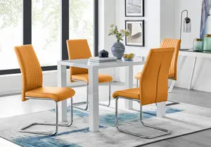 Pivero White High Gloss Dining Table And 4 Mustard Lorenzo Chairs Set