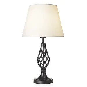 Traditional Matte Black Table Lamp with Barley Twist Base and White Linen Shade