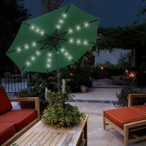 GlamHaus Garden Parasol Solar LED 2.7M ,Tilting Table Umbrella with Crank Handle, Protection UV40, Includes Parasol Cover- Green