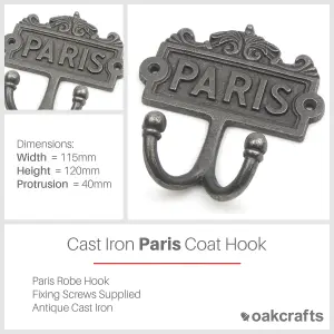 Oakcrafts - Antique Cast Iron Vintage Style Paris Twin Coat Hook - 115mm x 120mm