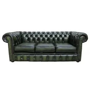 Chesterfield 3 Seater Antiquen Green Real Leather Tufted Buttoned Sofa In Classic Style