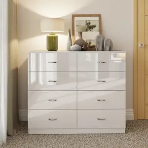 White Gloss 8 Drawer Chest Of Drawers 4+4 Bedroom Furniture