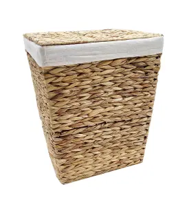 Water Hyacinth Rectangle Laundry Basket Lidded With Cotton Lining Toy Storage Medium 37 x 28 x 48 cm