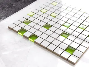 Ceramic mosaic with glass inserts on mesh for bathroom or kitchen 300mm x 300mm - White-green