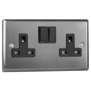 Varilight 2-Gang 13A Double Pole Switched Socket Brushed Steel