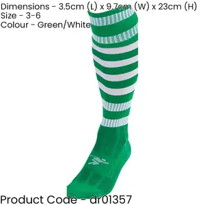 JUNIOR Size 3-6 Hooped Stripe Football Socks - GREEN/WHITE Contoured Ankle