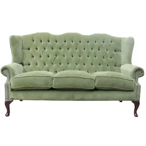 Chesterfield 3 Seater Flat Wing High Back Sofa Aruba Forest Green Fabric In Queen Anne Style