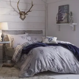 Stag Check Reversible Duvet Cover Set with Pillowcases Beige / Double Duvet Cover + 2 Standard Pillowcases