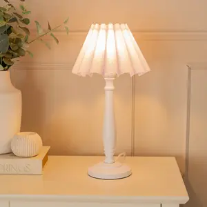 ValueLights Victoria White Wood Candlestick Stem Table Lamp with Lilac Scallop Tapered Lamp Shade and LED Bulb