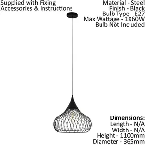 Hanging Ceiling Pendant Light Black Steel Wire 1 x 60W E27 Hallway Feature