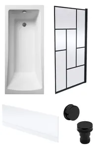 Square Single Ended Bath, Front Panel, Abstract Black Screen and Waste -1700x700mm