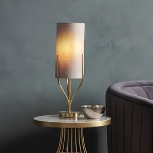 Table Lamp Satin Brass Plate & Natural Linen Mix Fabric 10W LED E27