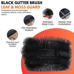 Gutter Brush Pack of 3 - Brush size 4m with 15 Gutter brush clips, Black Guttering Leaf Guard Total Length 12 m Stop Leaves Moss