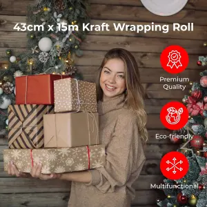 15M Kraft Wrapping Paper Roll for Eco-Friendly Christmas Gift Wrap - Recyclable Brown Craft Paper with Jute Twine 43cm Wide