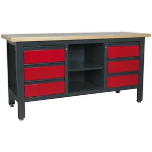 Fully Lockable Workstation- 6 Drawers & Adjustable Shelf Storage - MDF Work Top