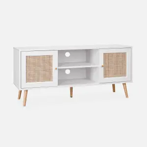 sweeek. 120cm TV stand with wooden and cane effect Boheme White 120x39x56.5 cm