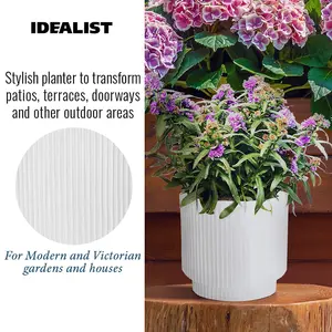 IDEALIST 24cm Small Round Planter, Ribbed White Reinforced Stone Cylinder Outdoor Plant Pot D24 H24 cm, 7.6L