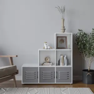 URBNLIVING 90cm Height White 6 Cube Step Shelving Unit With Grey Metal Doors