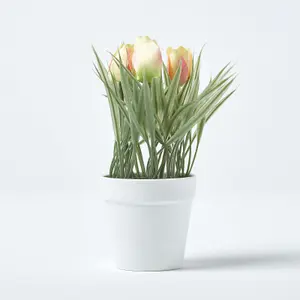 Homescapes Pink & Cream Artificial Tulips in White Decorative Pot, 22 cm Tall