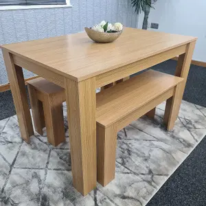 Dining Table With 2 Bench, Dining Table Room Set 4, Wooden OAK Effect Table, 2 Oak Benches Furniture Kosy Koala