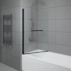 SunDaze 6mm Toughened Safety Glass Straight Pivot Shower Bath Screen with Towel Rail - 1400x800mm Black