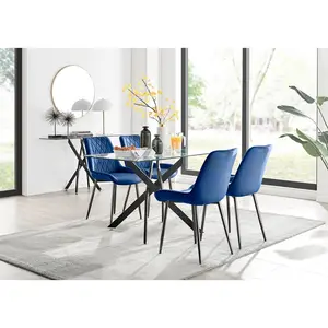 Lenworth Glass Rectangular Dining Table Set with 4 Luxury Velvet Chairs Navy/Black / Black