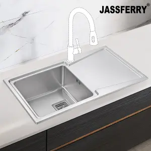 JASSFERRY Inset Kitchen Sink 1.2 mm Stainless Steel 1.5 Large Bowl Right Drainer Square Strainer