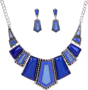 YAZILIND Vintage Ethnic Blue Tibetan Silver Irregular Rhinestone Bib Collar Earrings Necklace Jewelry Set