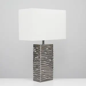 ValueLights Etienne Pair of - Modern Silver Ripple Effect Ceramic Table Lamp with White Light Shade and LED Bulb