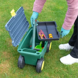 Garden Tool Trolley & Seat - Plastic Storage Cart Box with 4 Wheels, 2 Handles, Clasp Lid & Removeable Tray - H30 x W55 x D27cm