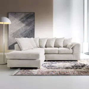 Jumbo White Cord Left Facing Corner Sofa for Living Room with Thick Luxury Deep Filled Cushioning