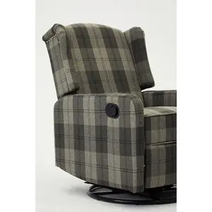 Charles Swivel Recliner Armchair Grey Tartan Wing Back Sofa With Adjustable Footrest