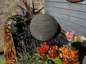 Black Sandstone Ribbed Sphere 40cm Natural Stone Solar Water Feature